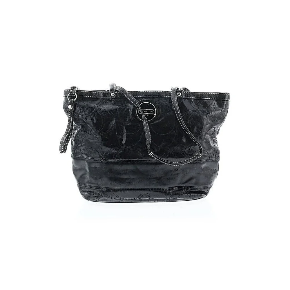 Coach Black Leather Embossed Signature C Tote Shoulder Bag Zip Top
